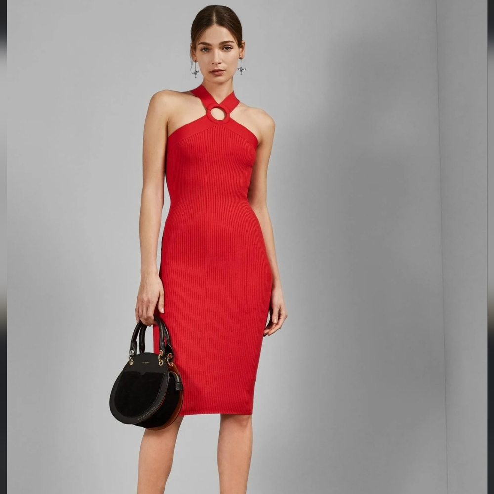 Ted Baker Red Sionna Halter Midi Dress Size 0 - Picture 2 of 10